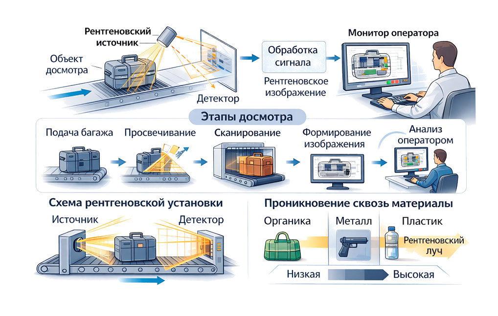 Рентгеновская система досмотра багажа в работе
